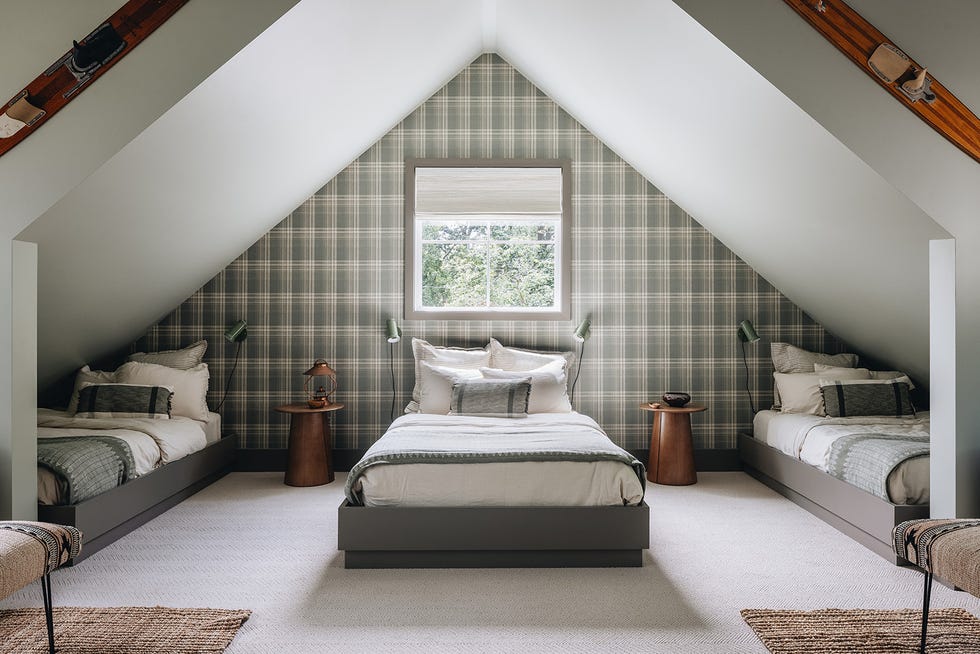 Cozy attic bedroom with three beds and a plaid patterned wall