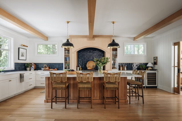 Modern kitchen with wooden accents and seating