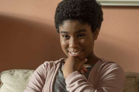 Hair, Hairstyle, Forehead, Smile, Black hair, Afro, Jheri curl, Child, S-curl, 