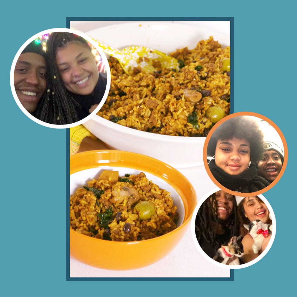 collage of hearty dirty rice and images of ariel pierre louis and gregory who made the dish