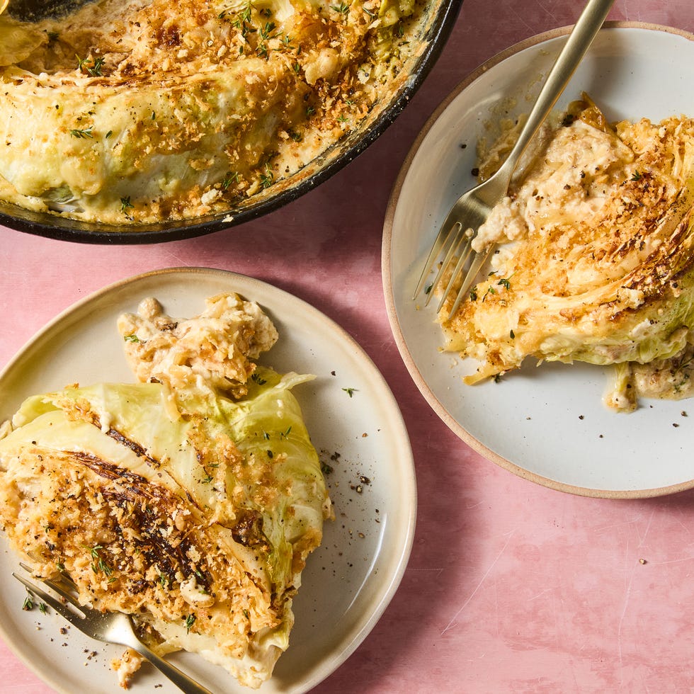 wedges of french onion cabbage gratin on two plates