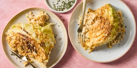 wedges of french onion cabbage gratin on two plates
