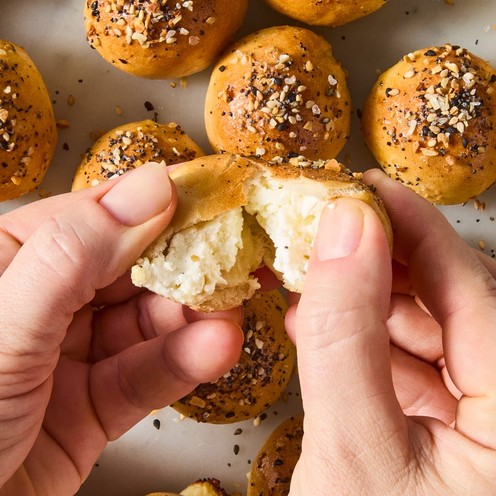 mini bagel bites stuffed with cream cheese and topped with everything seasoning