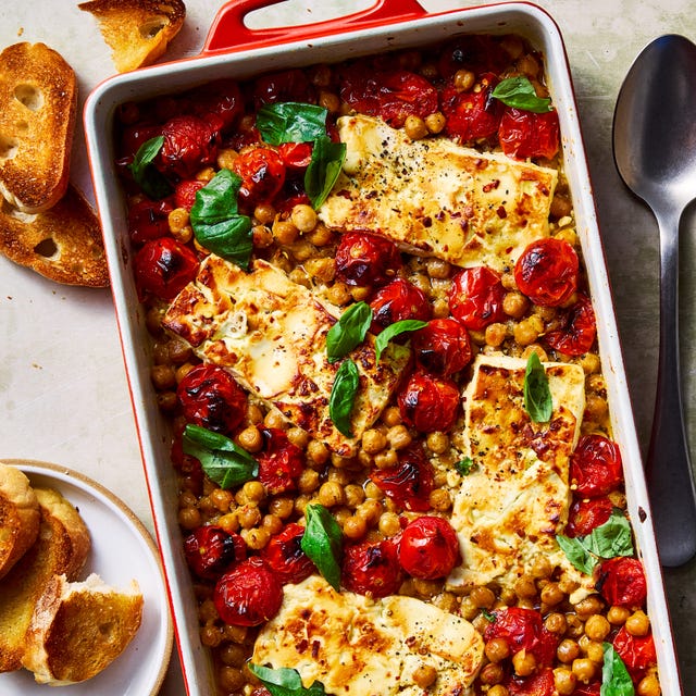 Baked feta chickpeas baked feta chickpeas with roasted tomatoes topped with basil