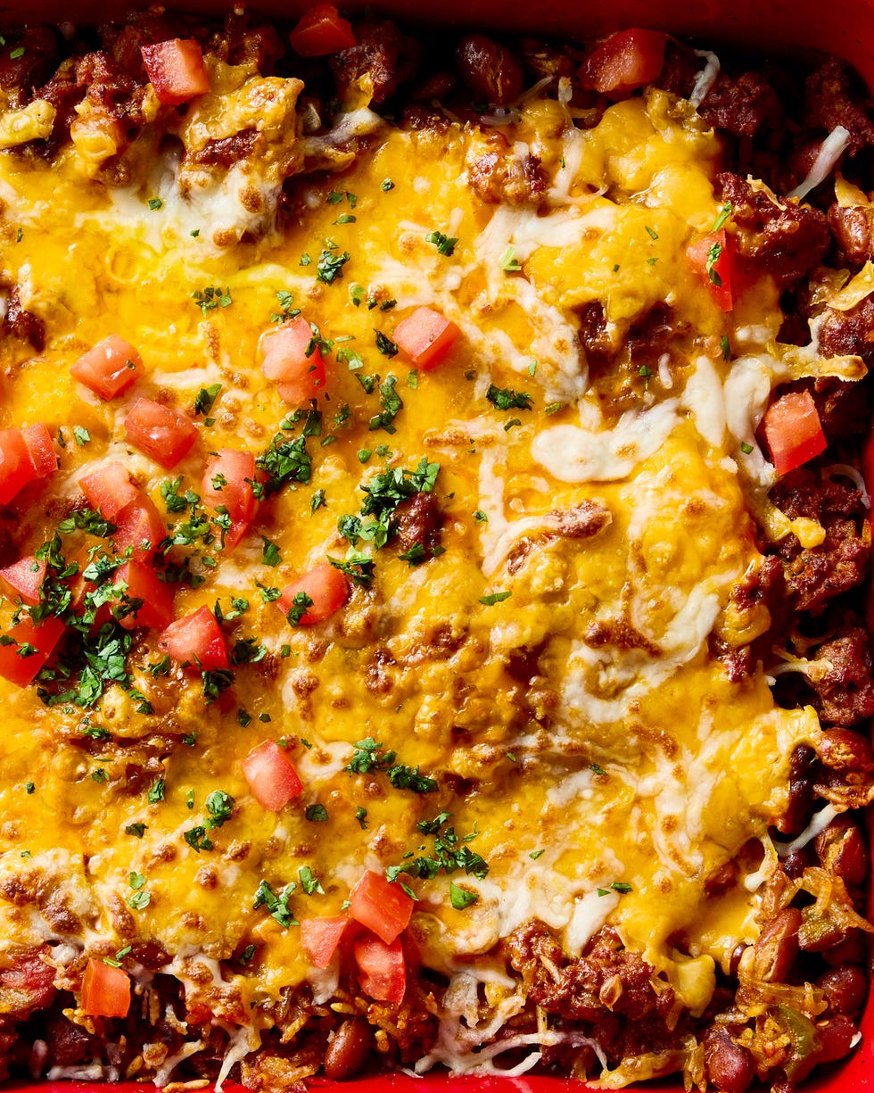 seared chorizo sausage, hearty pinto beans, salsa, and rice are baked until the rice is tender then topped with a mountain of cheese and broiled to melty perfection