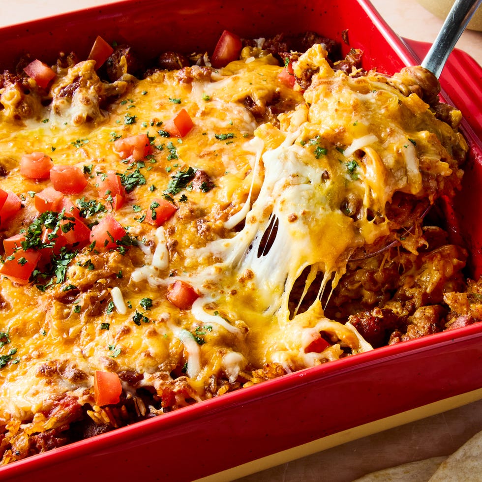 seared chorizo sausage, hearty pinto beans, salsa, and rice are baked until the rice is tender then topped with a mountain of cheese and broiled to melty perfection