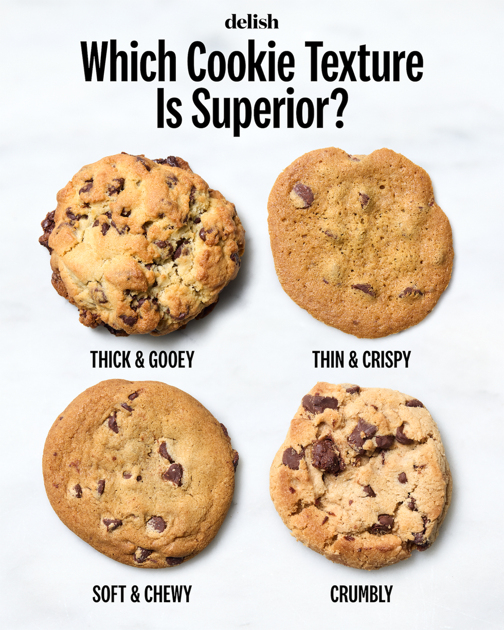 four chocolate chip cookies with different textures