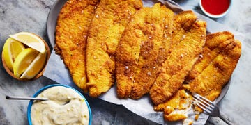 thin white fish coated in a seasoned cornmeal and flour blend, then shallow fried until golden brown and beautiful