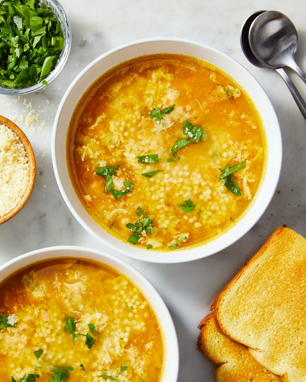 italian penicillin soup with acini di pepe egg drop and chicken broth and parmigiano