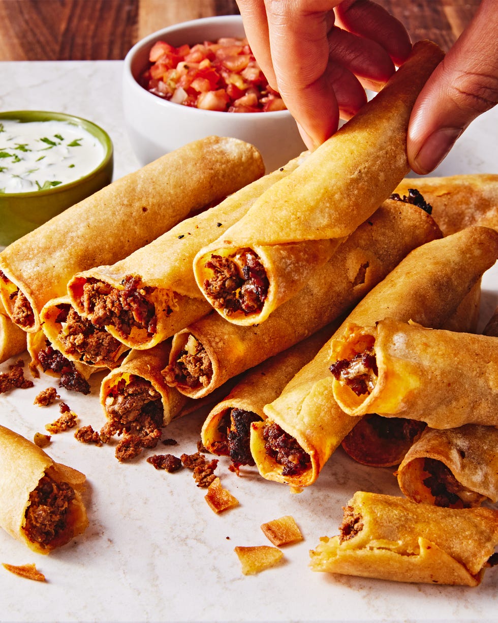 pickled jalapeno spiked ground beef and a blend of cheddar and pepper jack cheese rolled in a corn tortilla and baked or fried until crispy
