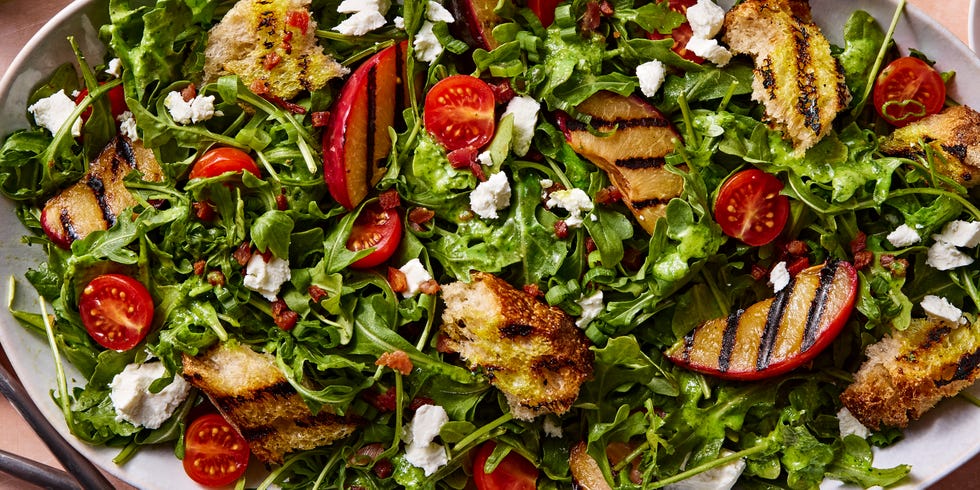 grilled plums tossed with crispy pancetta, tangy goat cheese﻿, fresh cherry tomatoes, and grilled sourdough bread, then drizzled with a maple dijon dressing