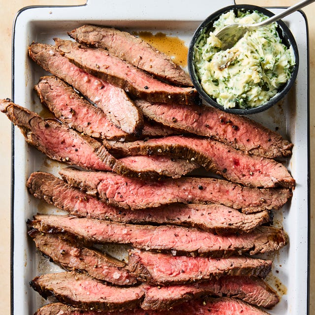 brown sugar and dijon marinated flank steak, broiled to medium rare, thinly sliced, and served with roasted garlic and herb butter