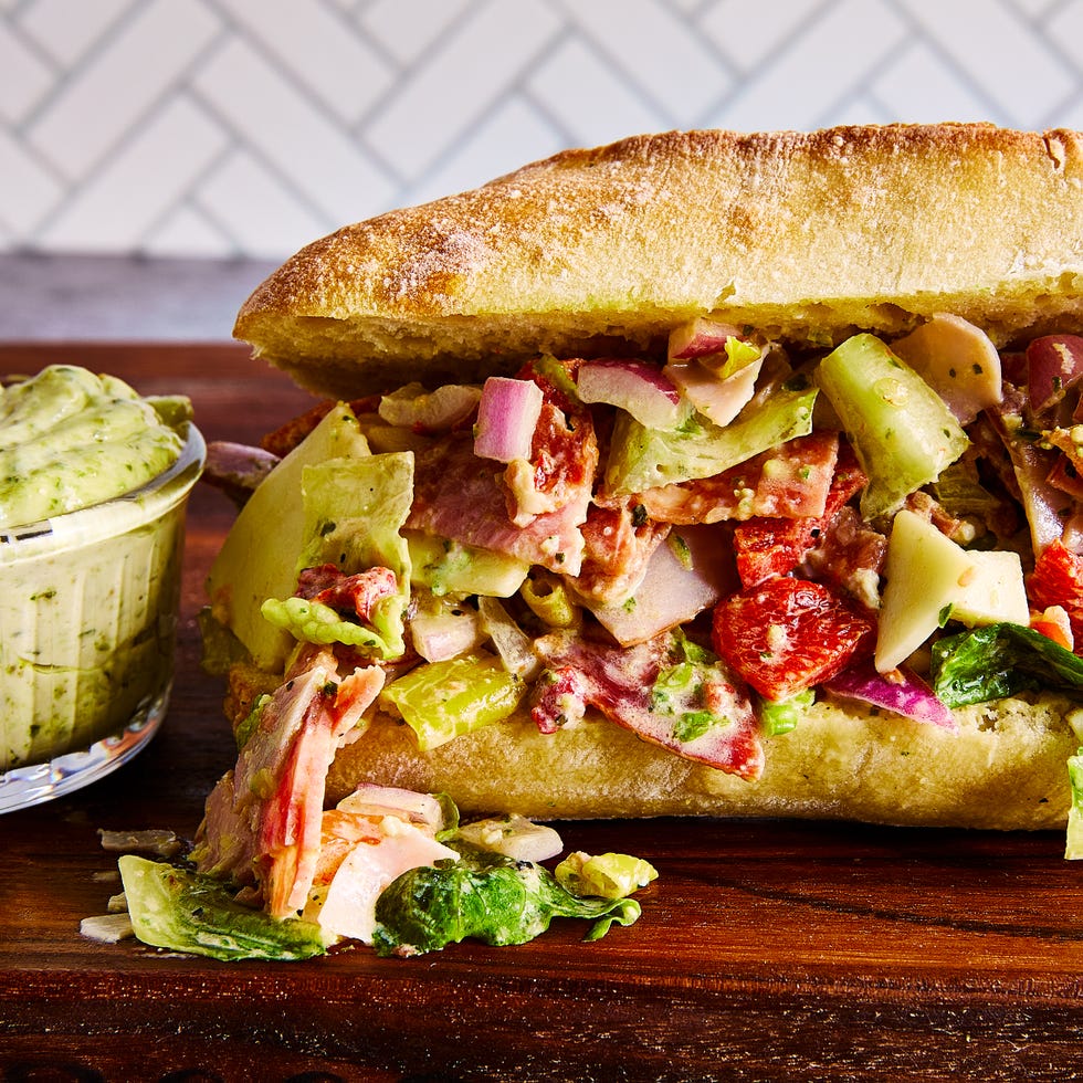 black forest ham, genoa salami, hot soppressata, and provolone cheese, chopped with classic italian sandwich veggies and pesto mayo on a toasted ciabatta roll