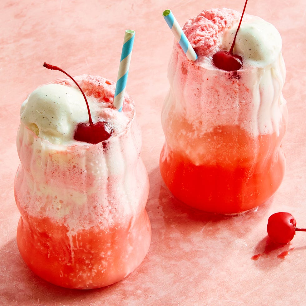 bubbly ginger ale, sweet grenadine, and creamy vanilla ice cream with a maraschino cherry
