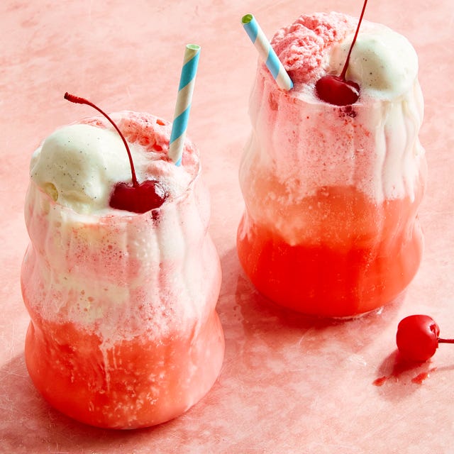 Shirley Temple Float bubbly ginger ale, sweet grenadine, and creamy vanilla ice cream with a maraschino cherry