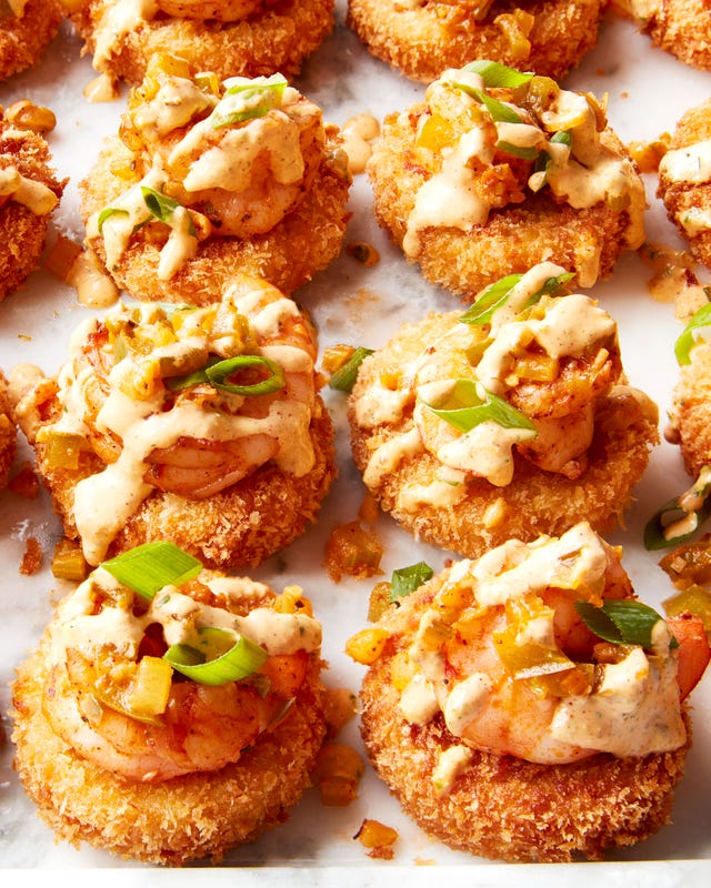smoked gouda grits, breaded and fried until crispy then topped with cajun seasoned shrimp and creamy remoulade sauce