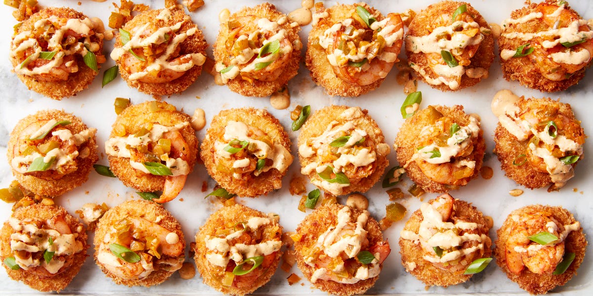 smoked gouda grits, breaded and fried until crispy then topped with cajun seasoned shrimp and creamy remoulade sauce