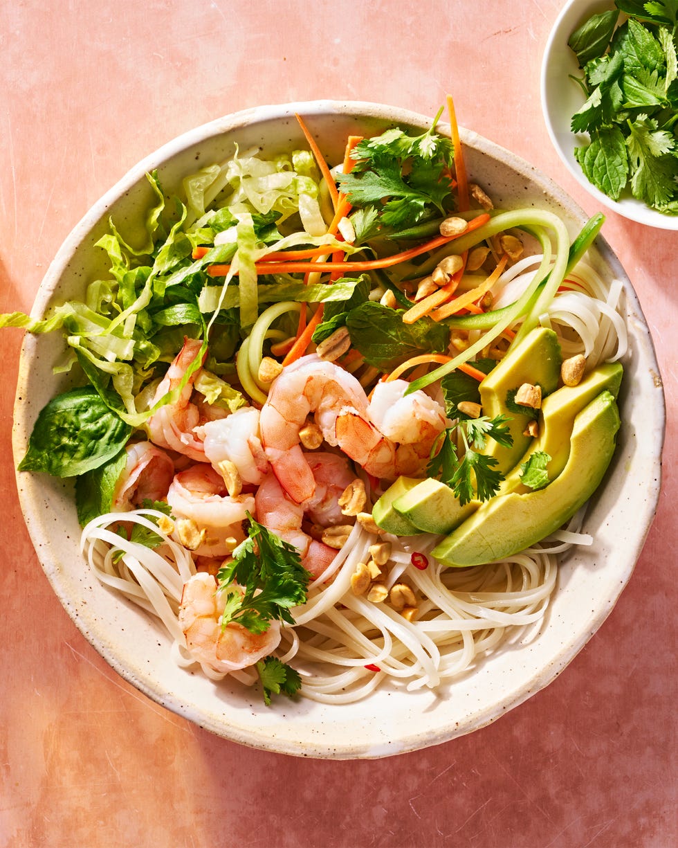 summer rolls bowl with shrimp, rice noodles, avocado, and peanuts