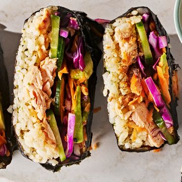 spicy salmon, seasoned sushi rice, cucumber, pickled cabbage, carrot, and avocado, all wrapped in nori and served with sriracha soy mayo