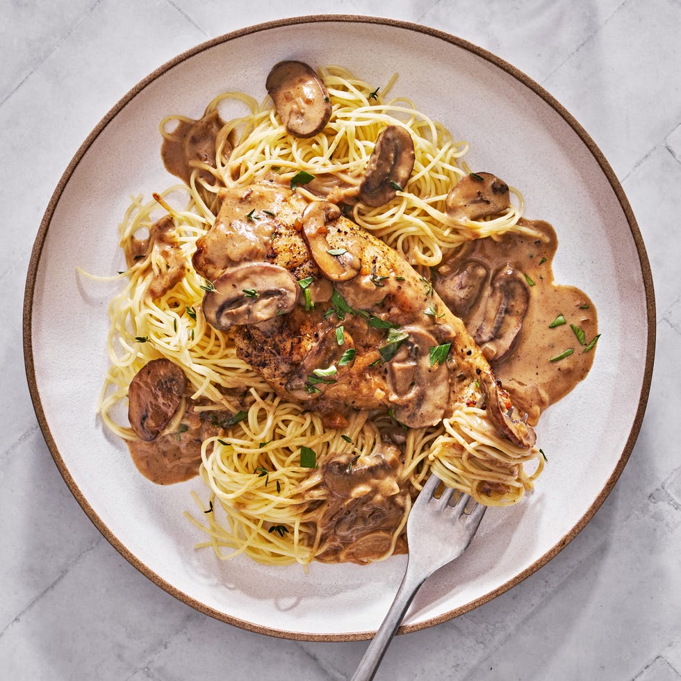 golden pan seared chicken breast in a creamy, slightly sweet, mushroom sauce