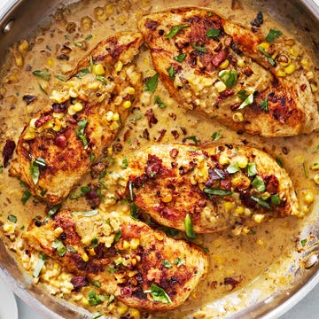 Creamy Corn & Chicken Skillet coriander and paprika dusted pan seared chicken breast in a creamy corn sauce topped with crispy corn and bacon