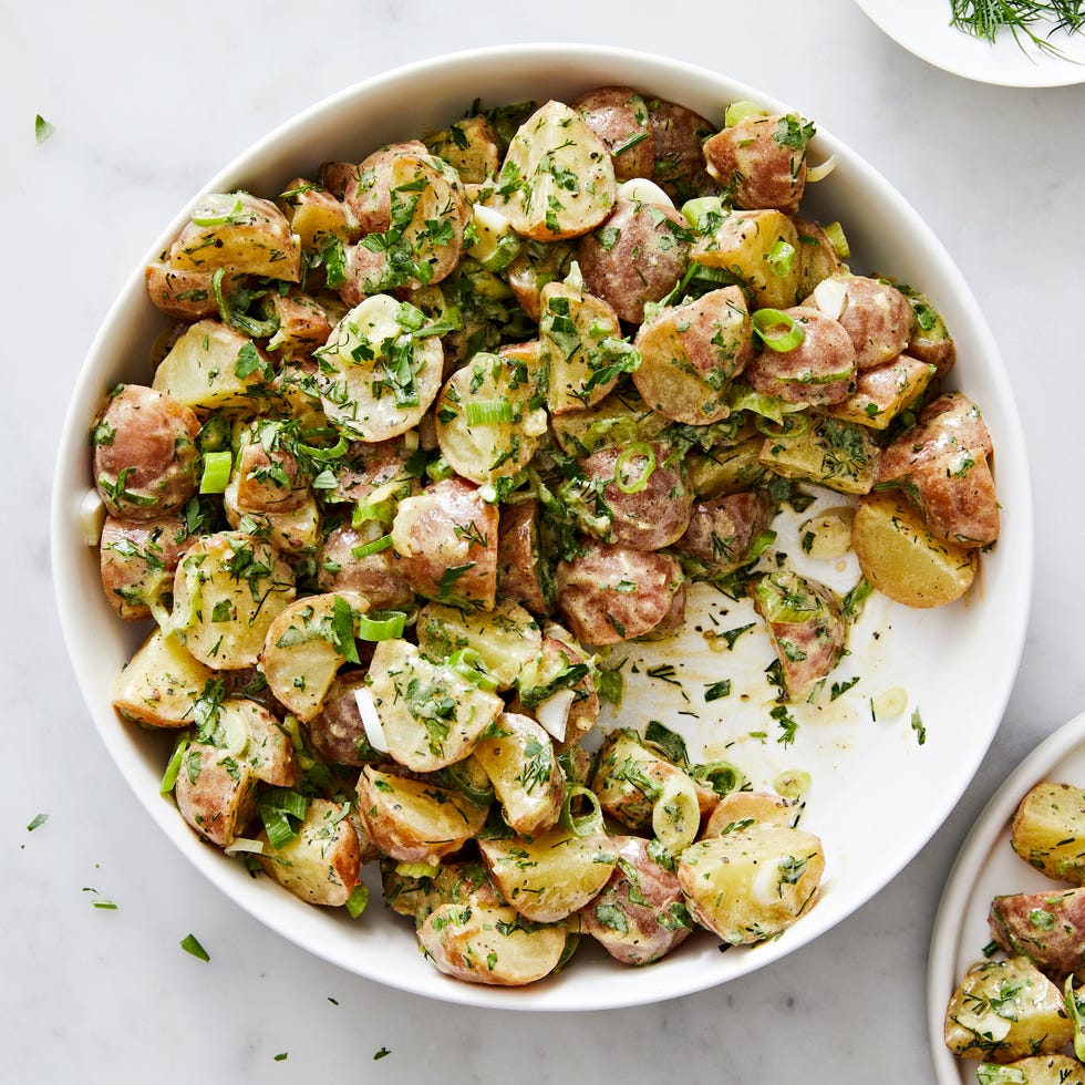 baby red potatoes tossed in garlic mustard dressing with parsley dill and tarragon