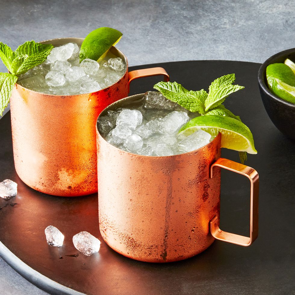 chilled vodka blended with lime juice, mint, and ginger beer, served in a frosty copper mug