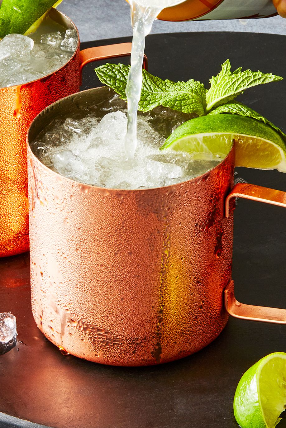 chilled vodka blended with lime juice, mint, and ginger beer, served in a frosty copper mug