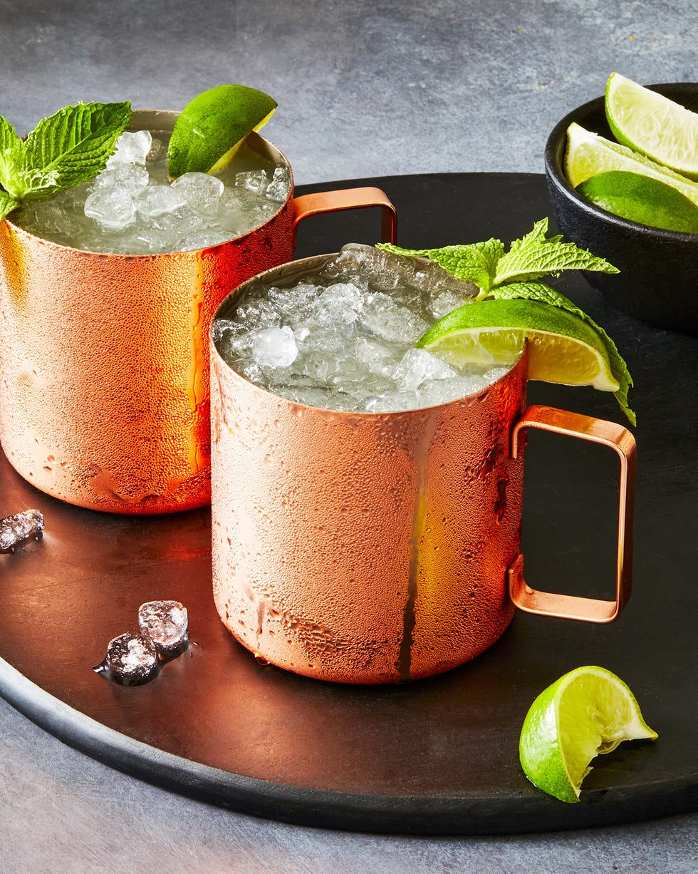 chilled vodka blended with lime juice, mint, and ginger beer, served in a frosty copper mug