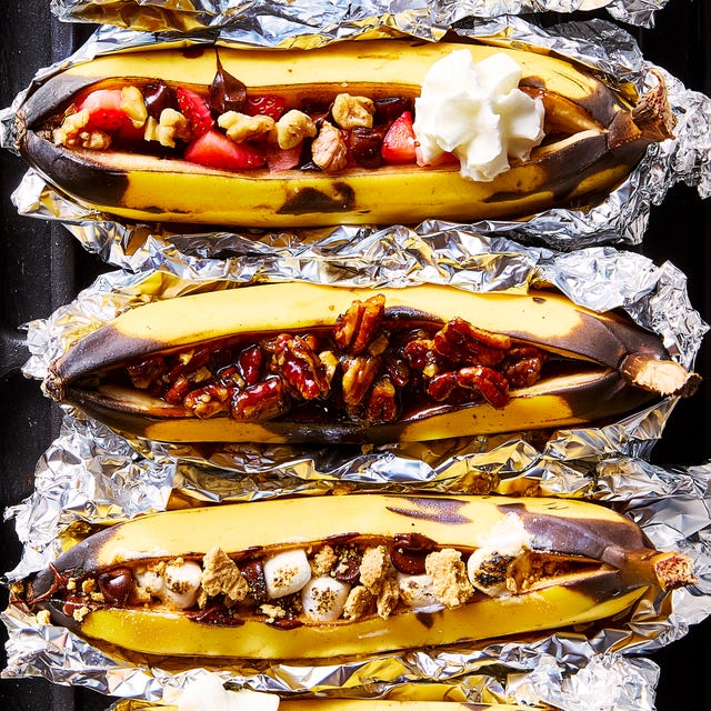 ripe banana stuffed with your dream selection of toppings, wrapped in foil, and baked, grilled, or fire roasted until the inside is soft and perfectly sweet