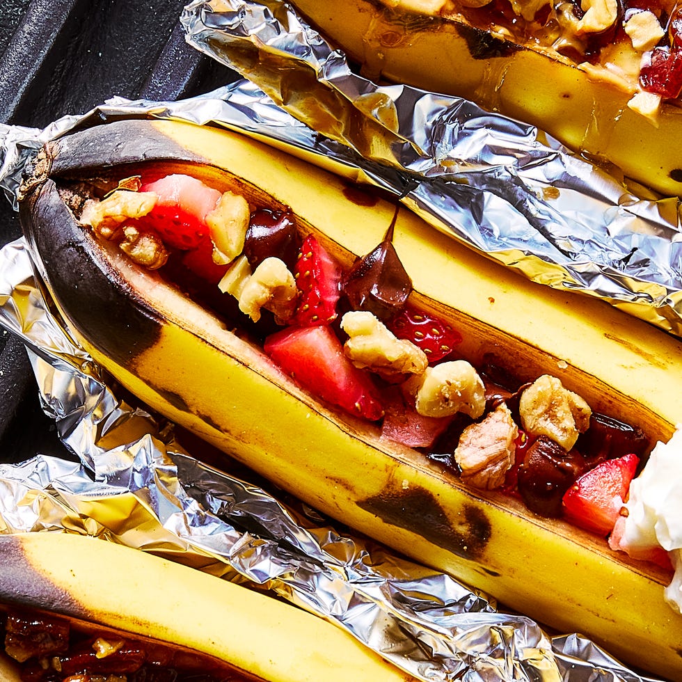 ripe banana stuffed with your dream selection of toppings, wrapped in foil, and baked, grilled, or fire roasted until the inside is soft and perfectly sweet