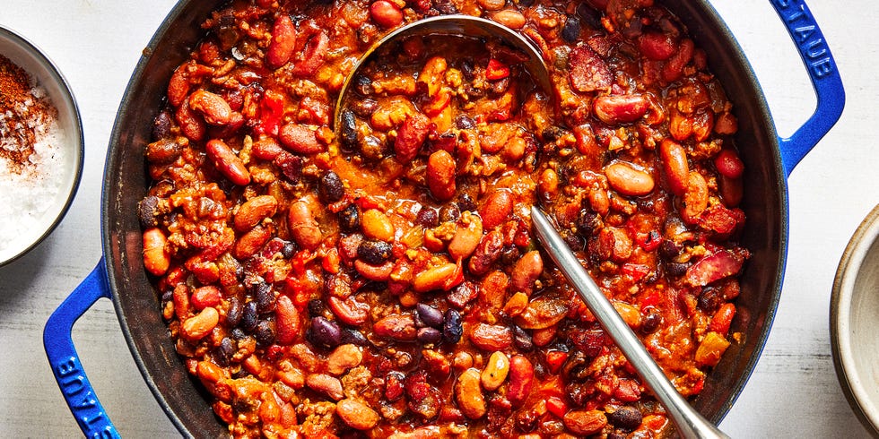 hearty, creamy beans are cooked with bacon, ground beef, aromatics, and pickled jalapenos in a sweet, slightly spicy, and tangy sauce