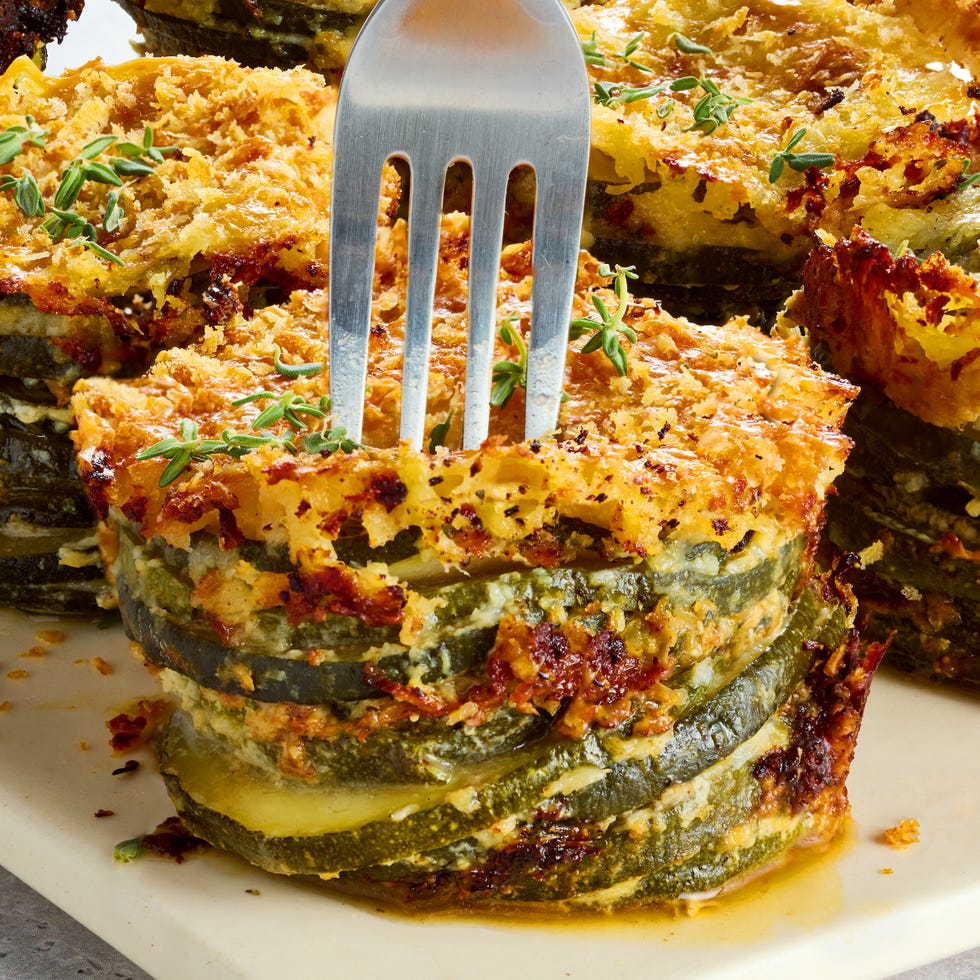 layers of tender zucchini roasted with parmesan and gruyere, garlic, and fresh thyme, then topped with crispy panko bread crumbs and baked until golden brown