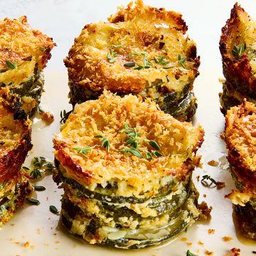 layers of tender zucchini roasted with parmesan and gruyere, garlic, and fresh thyme, then topped with crispy panko bread crumbs and baked until golden brown