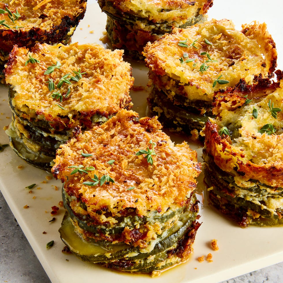 layers of tender zucchini roasted with parmesan and gruyere, garlic, and fresh thyme, then topped with crispy panko bread crumbs and baked until golden brown