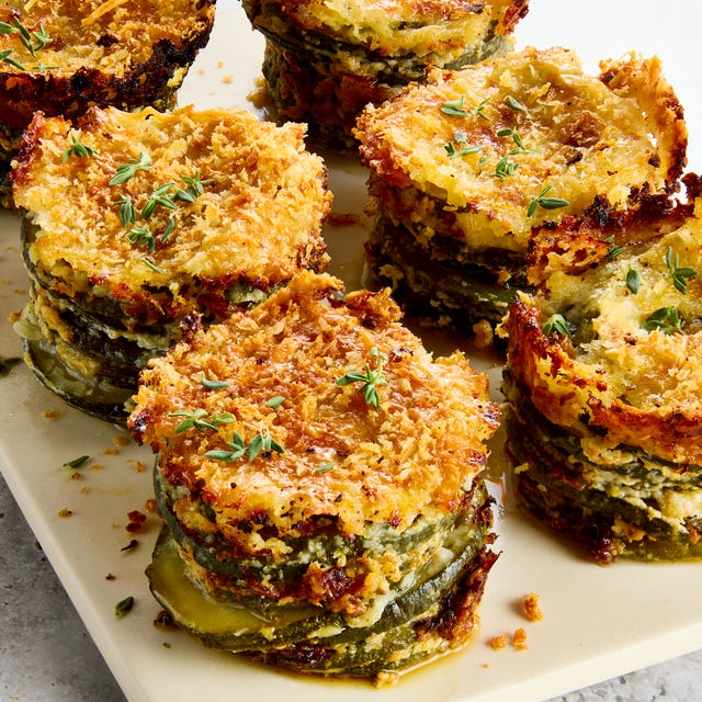 layers of tender zucchini roasted with parmesan and gruyere, garlic, and fresh thyme, then topped with crispy panko bread crumbs and baked until golden brown