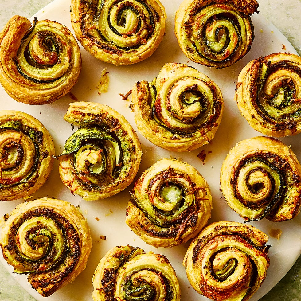 pesto zucchini roses on a white platter