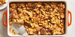 apple bread pudding in a baking dish