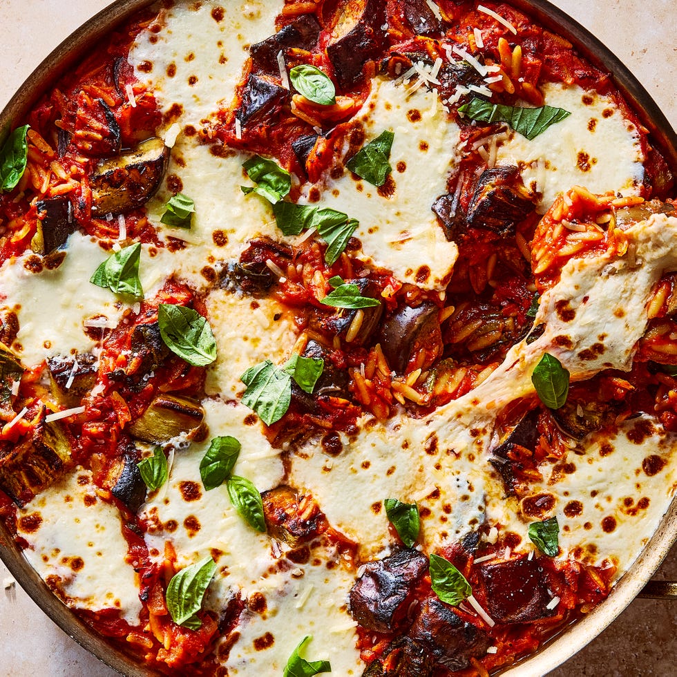 orzo is simmered in a thyme and garlic tomato sauce and then tossed with pan fried eggplant, topped with fresh mozzarella, and broiled until bubbly