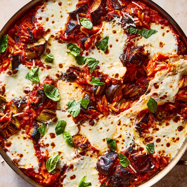 orzo is simmered in a thyme and garlic tomato sauce and then tossed with pan fried eggplant, topped with fresh mozzarella, and broiled until bubbly