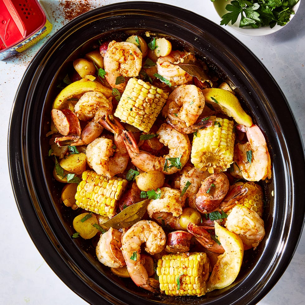 baby potatoes, sweet corn, spicy sausage, and lemons swimming in a flavorful broth with juicy shrimp tossed in plenty of old bay seasoning