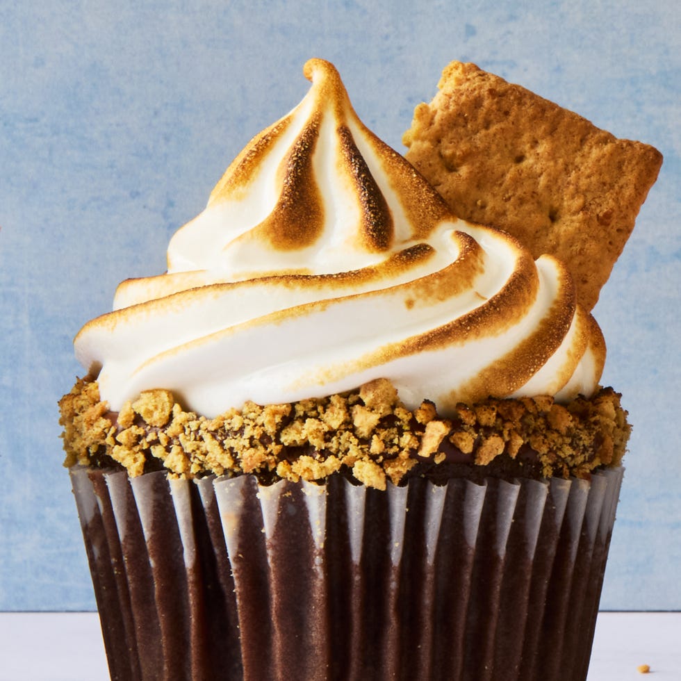 chocolate cupcakes coated in melted chocolate, graham cracker crumbs, toasted meringue frosting, and a graham cracker square