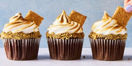 chocolate cupcakes coated in melted chocolate, graham cracker crumbs, toasted meringue frosting, and a graham cracker square