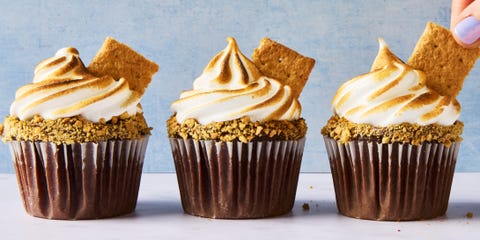 chocolate cupcakes coated in melted chocolate, graham cracker crumbs, toasted meringue frosting, and a graham cracker square