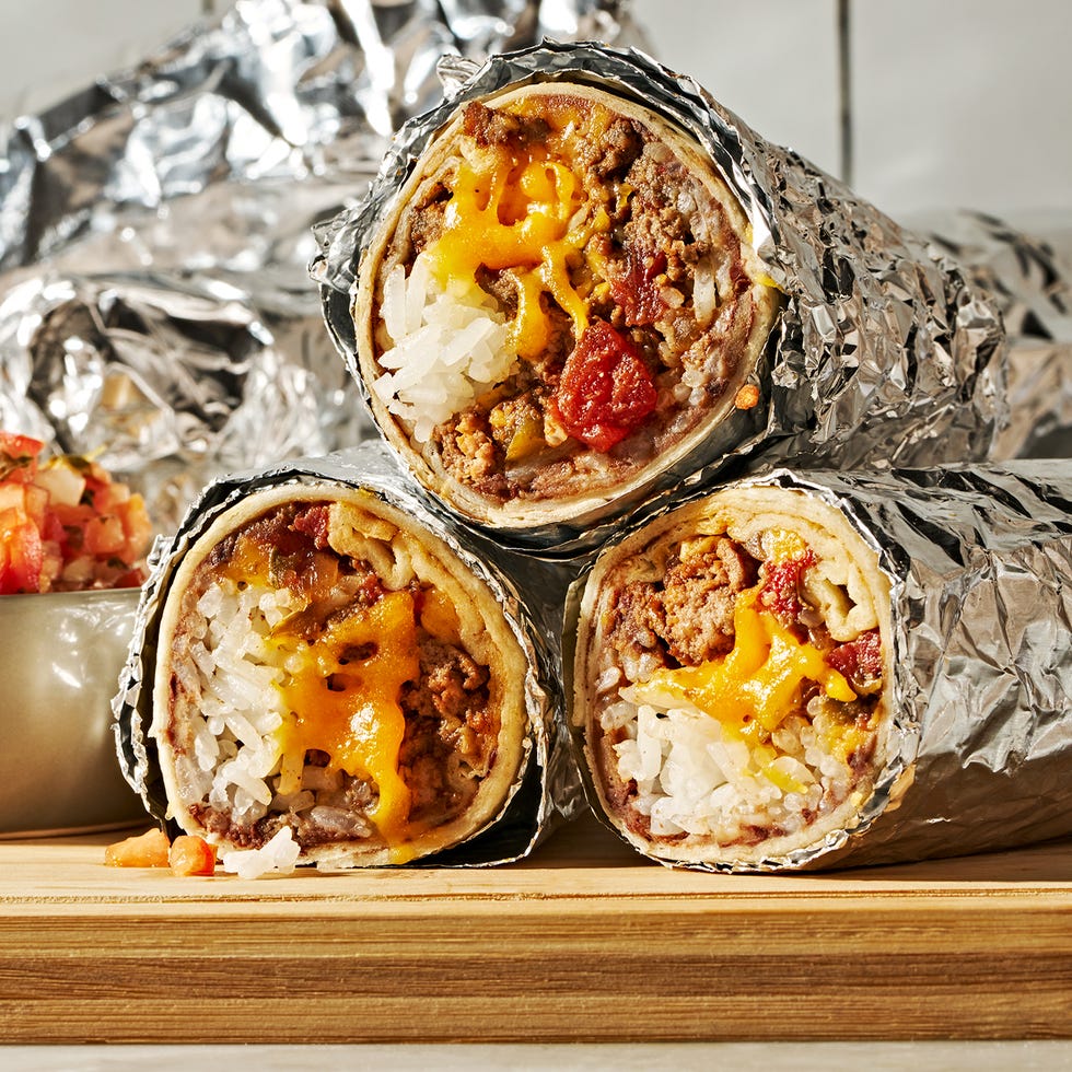seasoned ground beef layered with refried beans, rice, and a blend of monterey jack and cheddar cheese then rolled into a flour tortilla