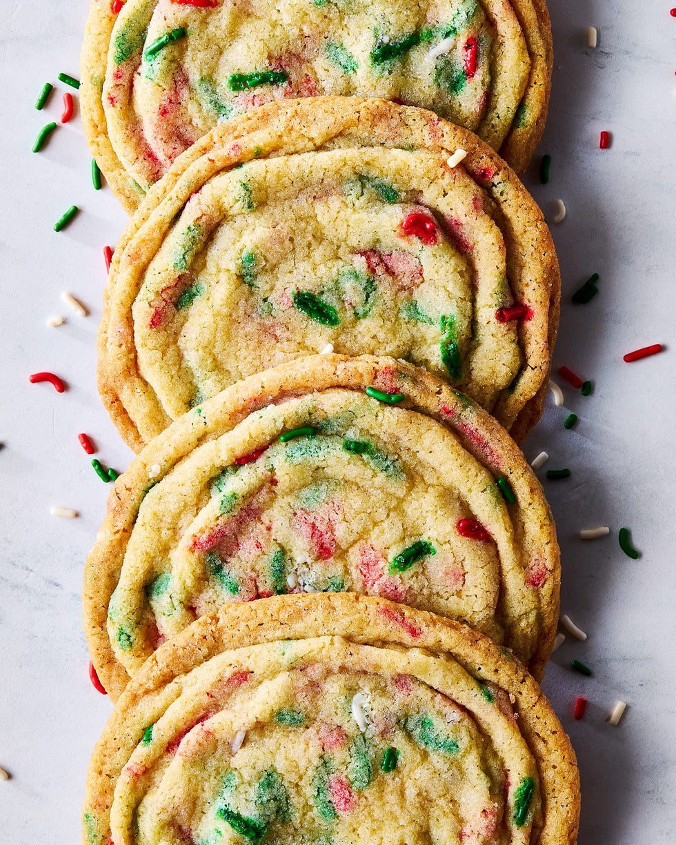 pan banging holiday confetti cookies in a row