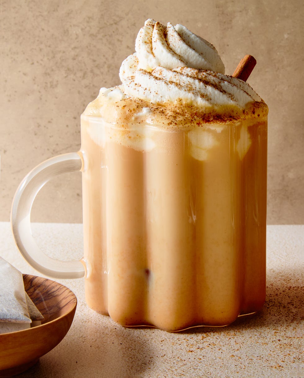 freshly steeped chai spiked with a shot of whiskey and blended with milk, pumpkin puree, and cinnamon then topped with whipped cream