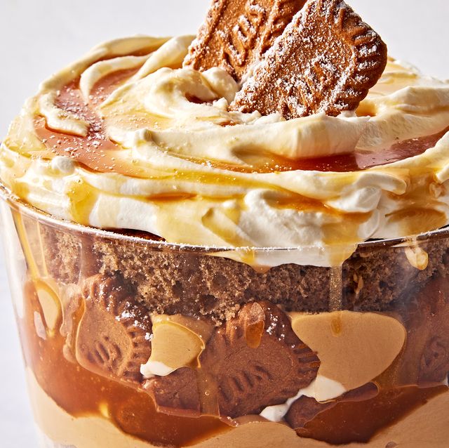 a trifle dish filled with layers of spice cake, caramel, cookie butter mousse, whipped cream, and biscoff cookies