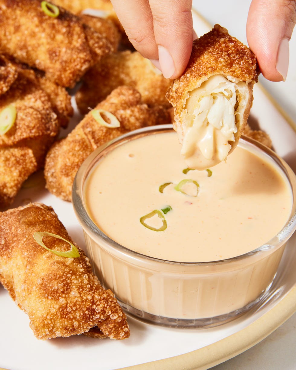 jumbo lump crab, tossed with mayo, chili garlic sauce, and old bay seasoning, folded in a wonton wrapper, then deep fried until deep golden brown and crisp