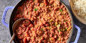 a creole classic with tender, creamy red beans stewed in smoked ham and andouille sausage and flavored with holy trinity vegetables, then served over steamed rice
